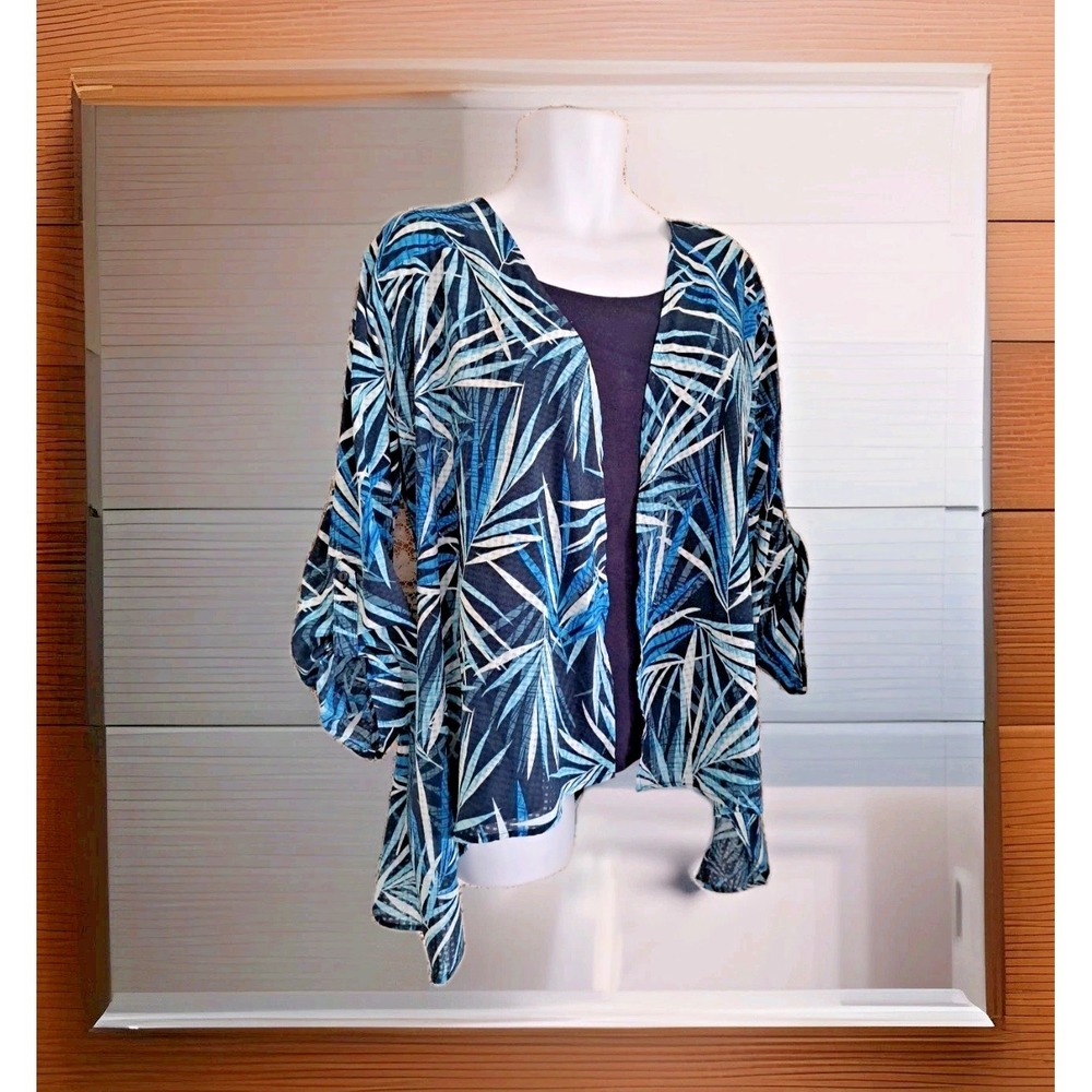 Notations Two Fer 2X Blue Tank/Attached Cardigan Roll Tab Sleeve Sharkbite Hem